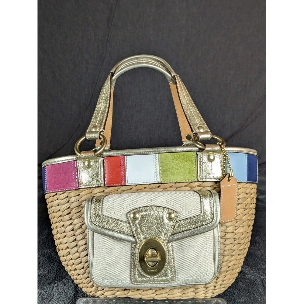 ✨ RARE Y2K Limited Edition Coach Legacy Straw Basket Bag Patchwork Beach Summer - Picture 5 of 16